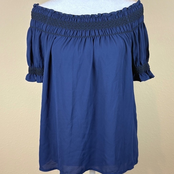 NWT Express Navy Off Shoulder Smocked Collar/Arm Cuffs Peasant Blouse; Size XS - Picture 1 of 8